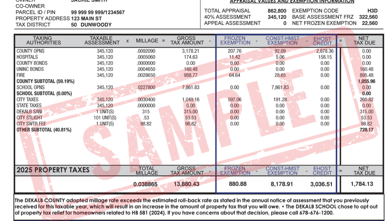 Sample of a Dekalb county real estate tax statement.
